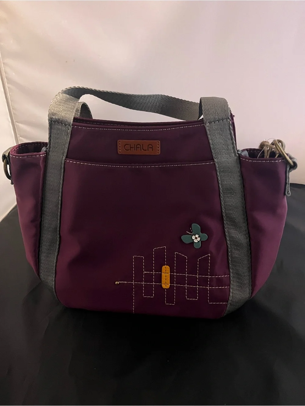 Chala Plum Shoulder Bag with Pig Applique and Gray Straps
